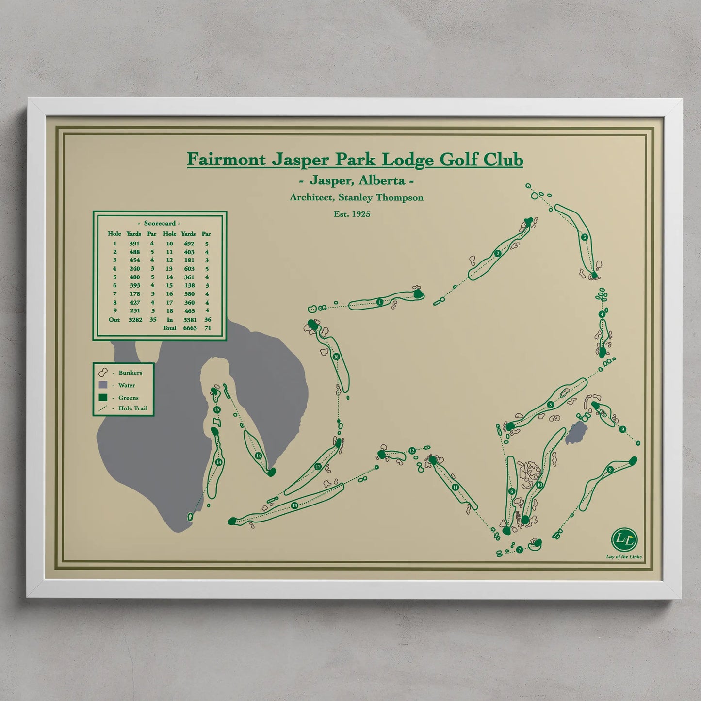 Framed map of Fairmont Jasper Park Lodge Golf Club on a beige background