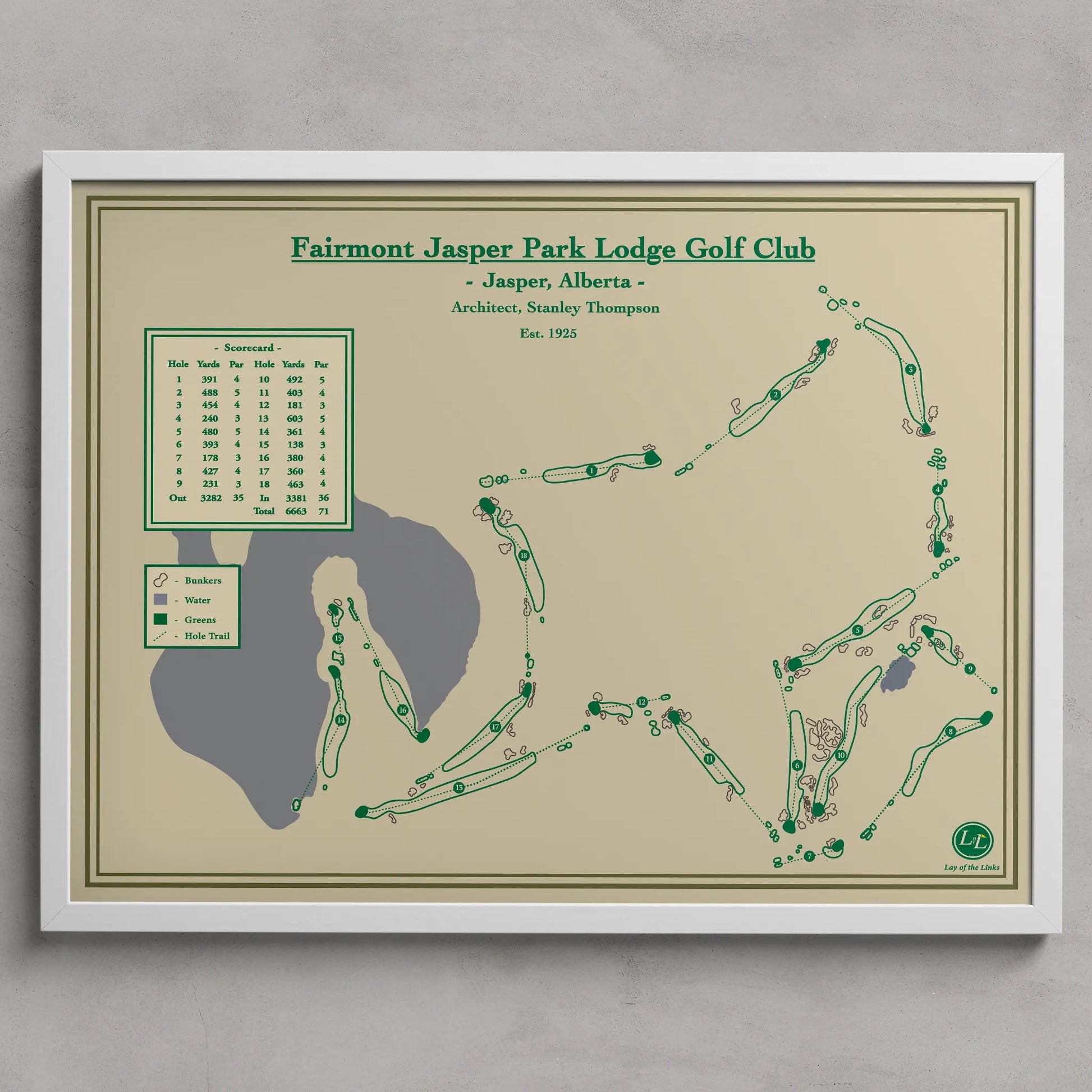 Framed map of Fairmont Jasper Park Lodge Golf Club on a beige background