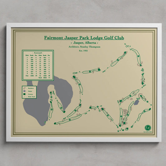 Framed map of Fairmont Jasper Park Lodge Golf Club on a beige background