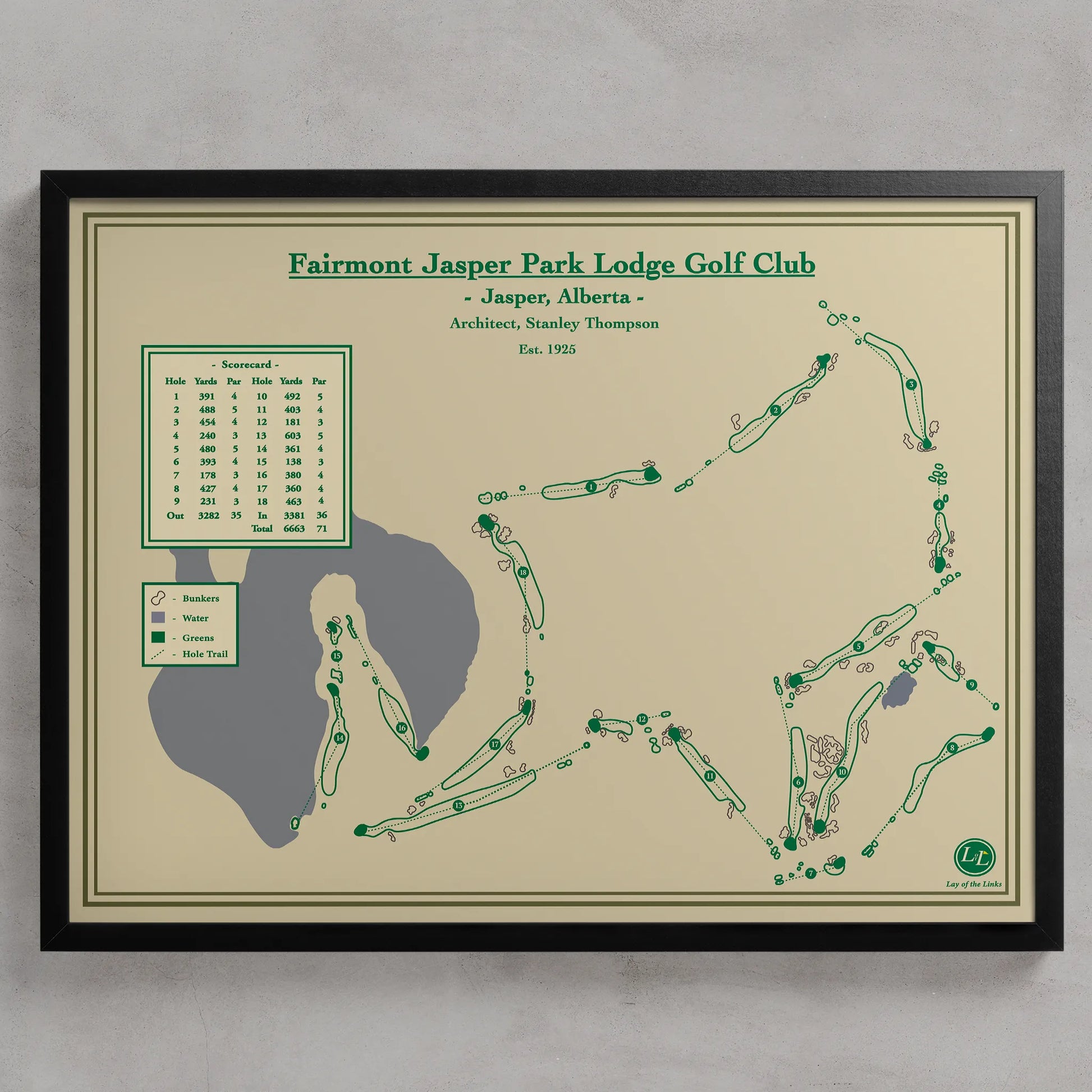 Fairmont Jasper Park Lodge Golf Course Map Designed by Lay of the Links Art