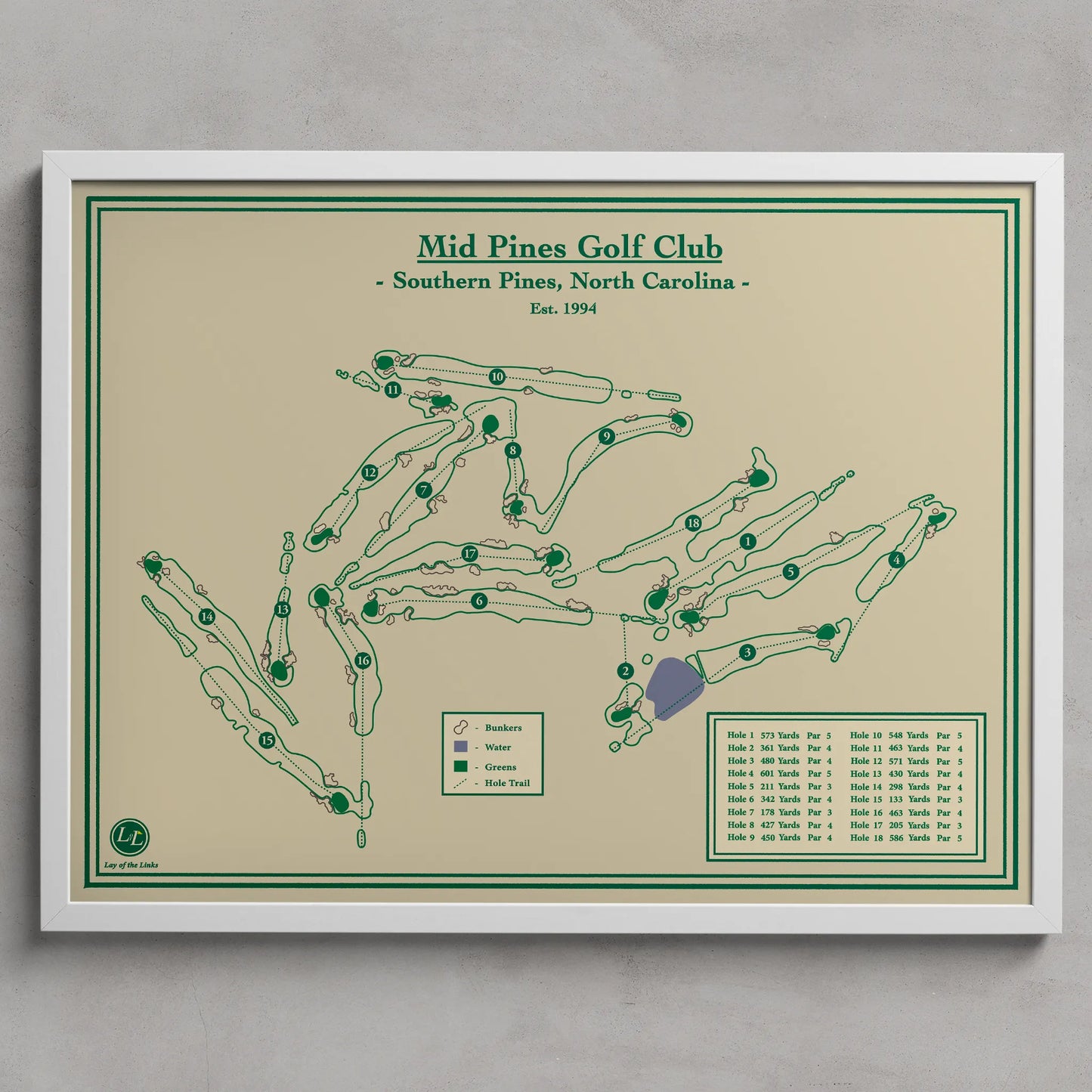 Framed map of Mid Pines Golf Club with green and brown colors on a beige background.