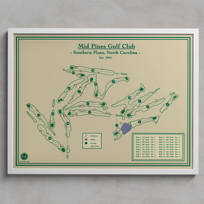 Framed map of Mid Pines Golf Club with green and brown colors on a beige background.