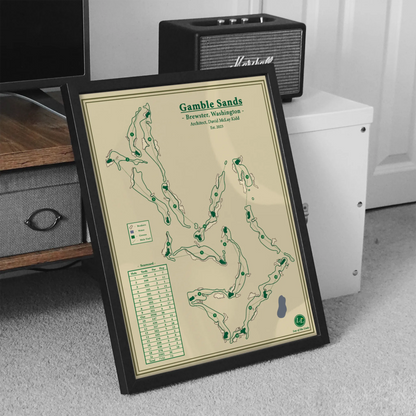 Framed golf course map of Gamble Sands in a room setting with a Marshall amplifier.
