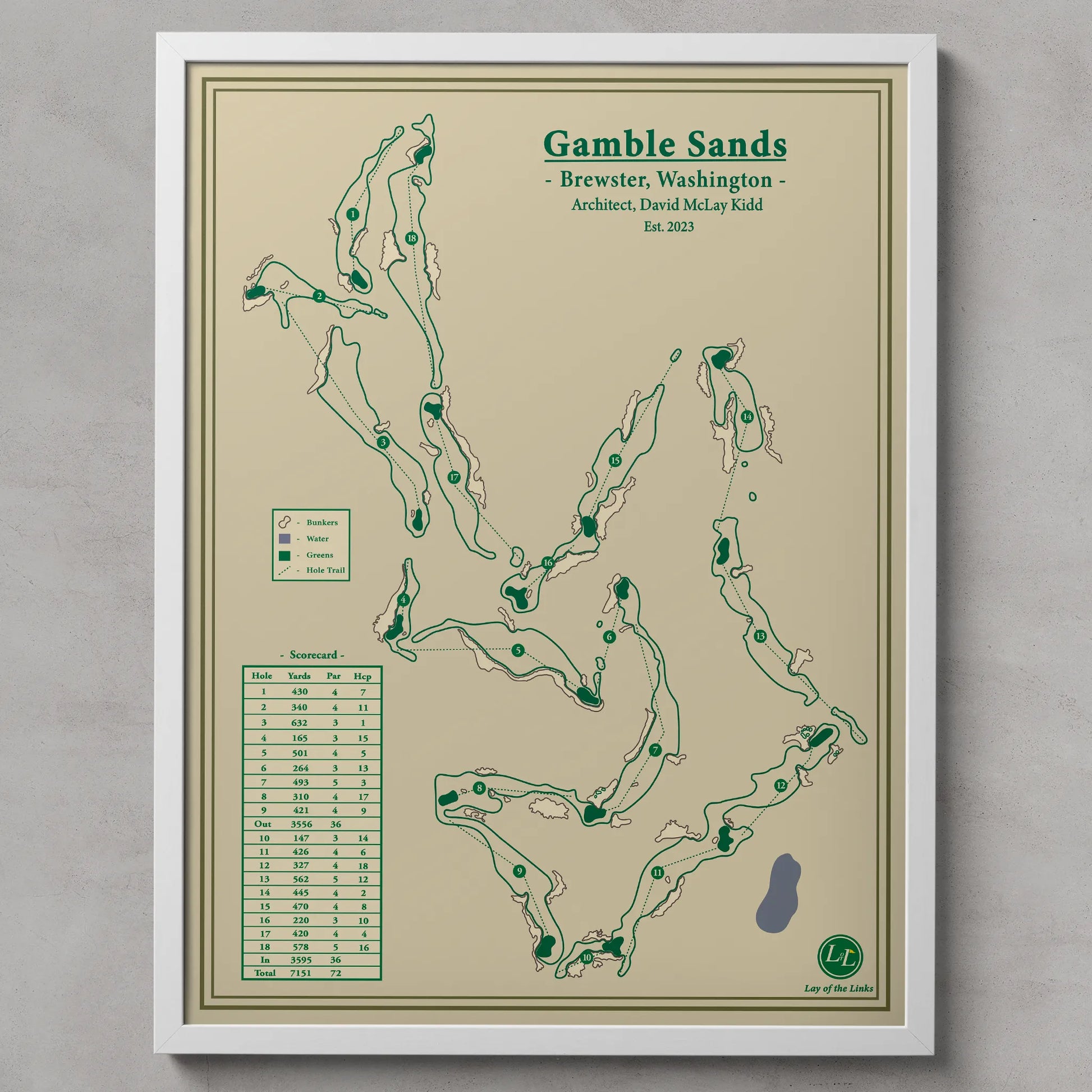Framed golf course map of Gamble Sands with green text and design on a beige background.