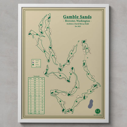 Framed golf course map of Gamble Sands with green text and design on a beige background.