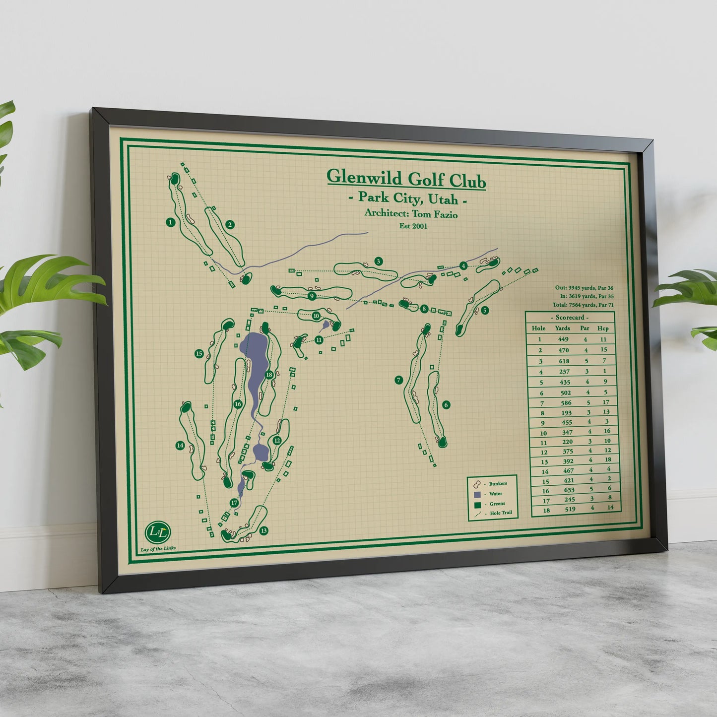 Framed course map of Glenwood Golf Club on a neutral background