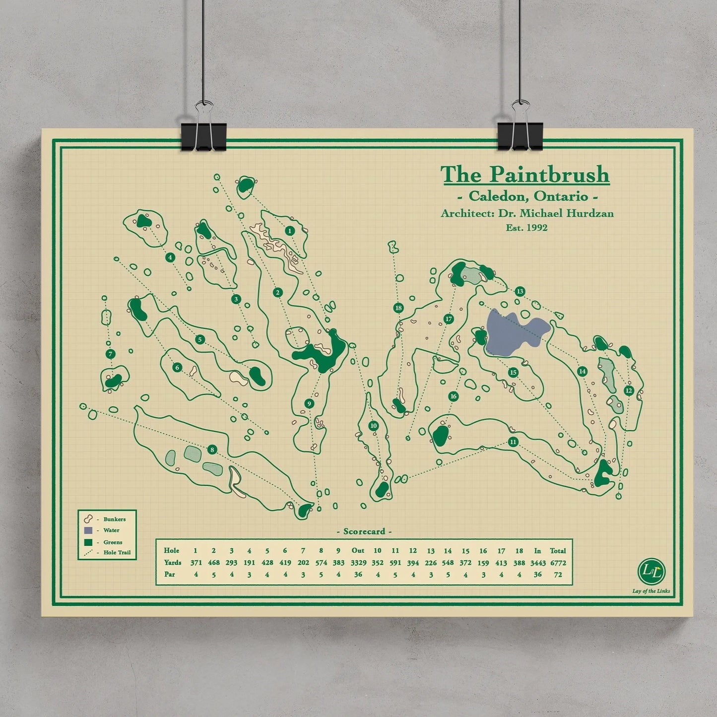 A vintage-style golf course map poster titled 'The Paintbrush' hanging against a light gray wall with black binder clips.