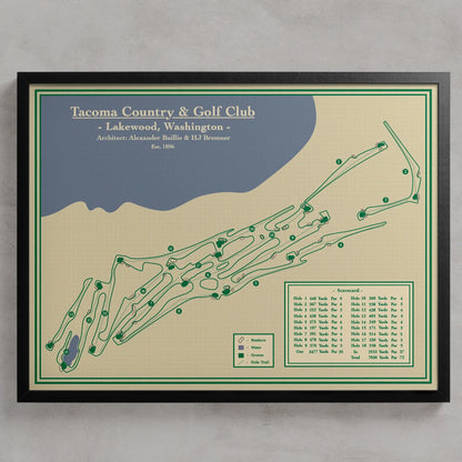A framed course map print for Tacoma Country & Golf Club, designed by Lay of the Links
