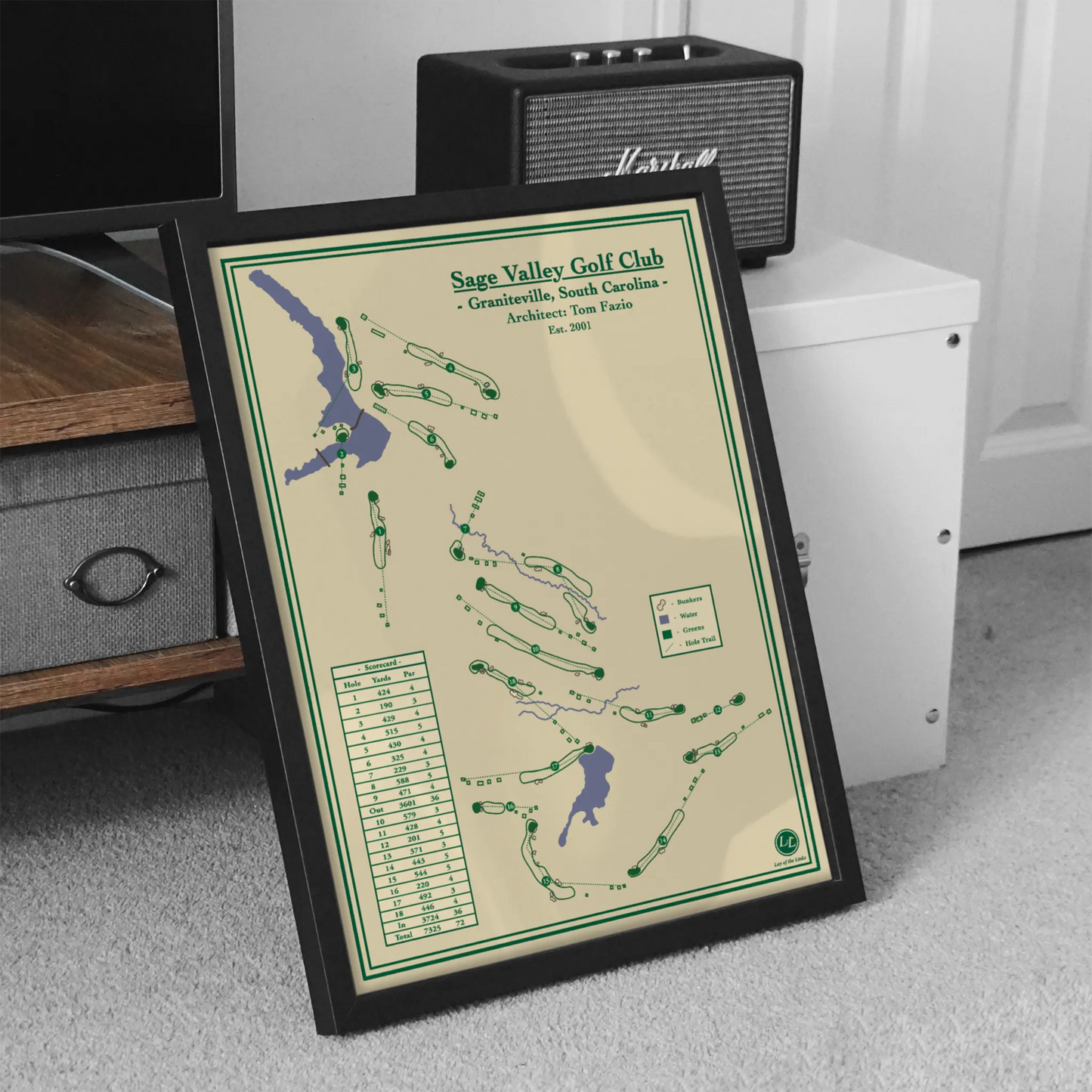 Framed Sage Valley Golf Club map in a black wood frame showing the Tom Fazio design winding through towering Carolina pines.