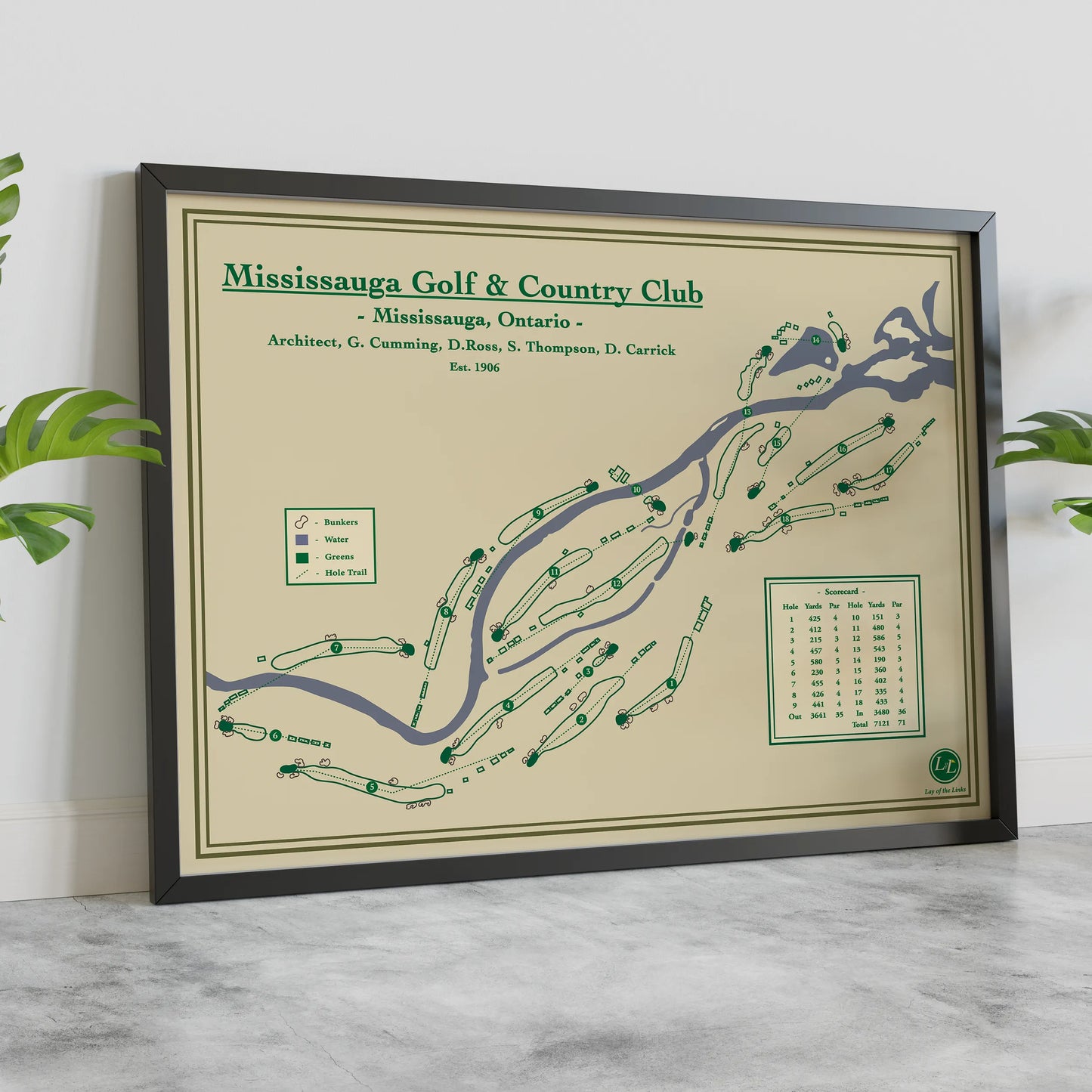 Framed course map of Mississauga Golf & Country Club on a neutral background