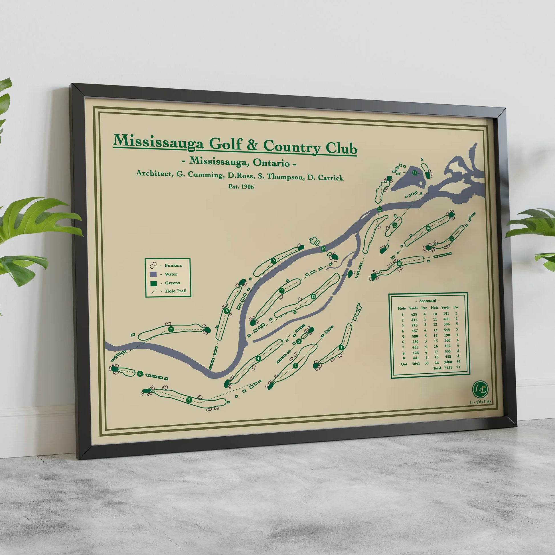 Framed course map of Mississauga Golf & Country Club on a neutral background