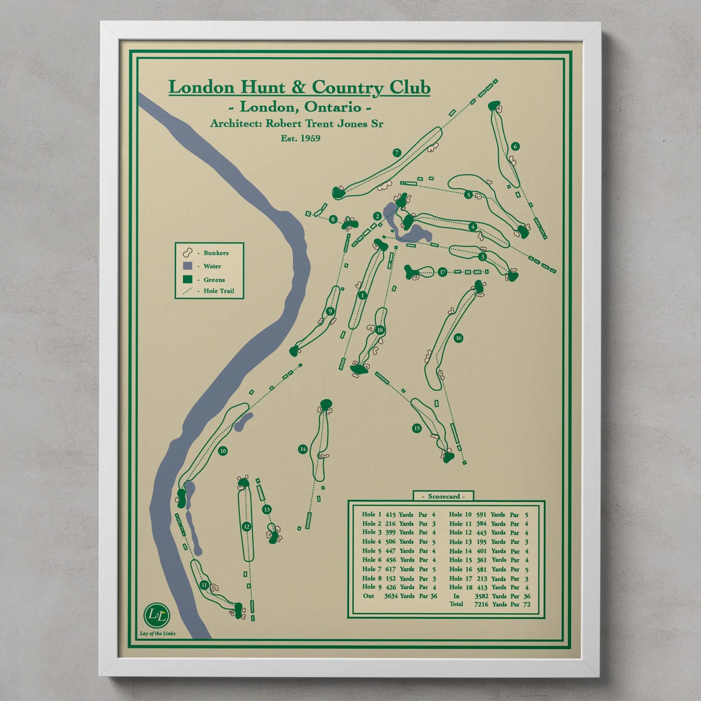 A framed vintage-style golf map print for London Hunt & Country Club in London, Ontario, designed by the Lay of the Links art studio