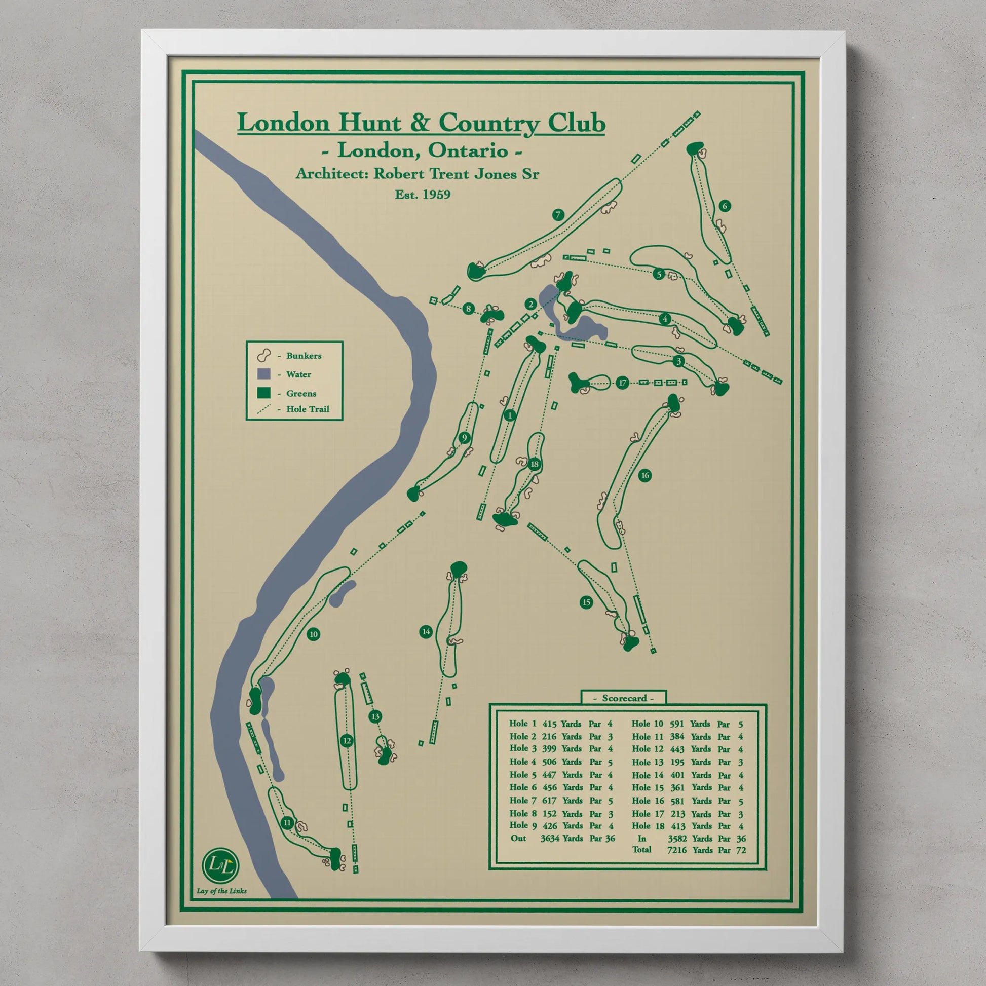 A framed vintage-style golf map print for London Hunt & Country Club in London, Ontario, designed by the Lay of the Links art studio