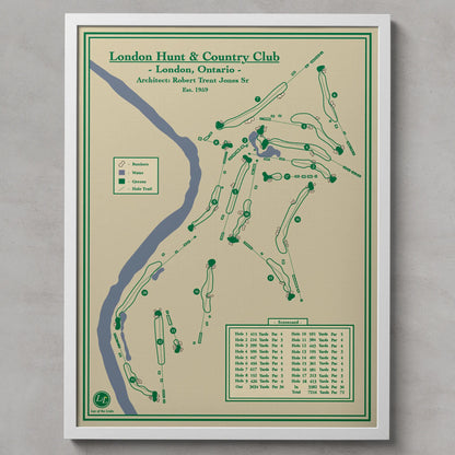 A framed vintage-style golf map print for London Hunt & Country Club in London, Ontario, designed by the Lay of the Links art studio