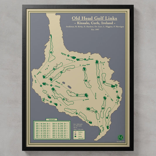Framed course map of Old Head Golf Links in Kinsale, Cork, Ireland 