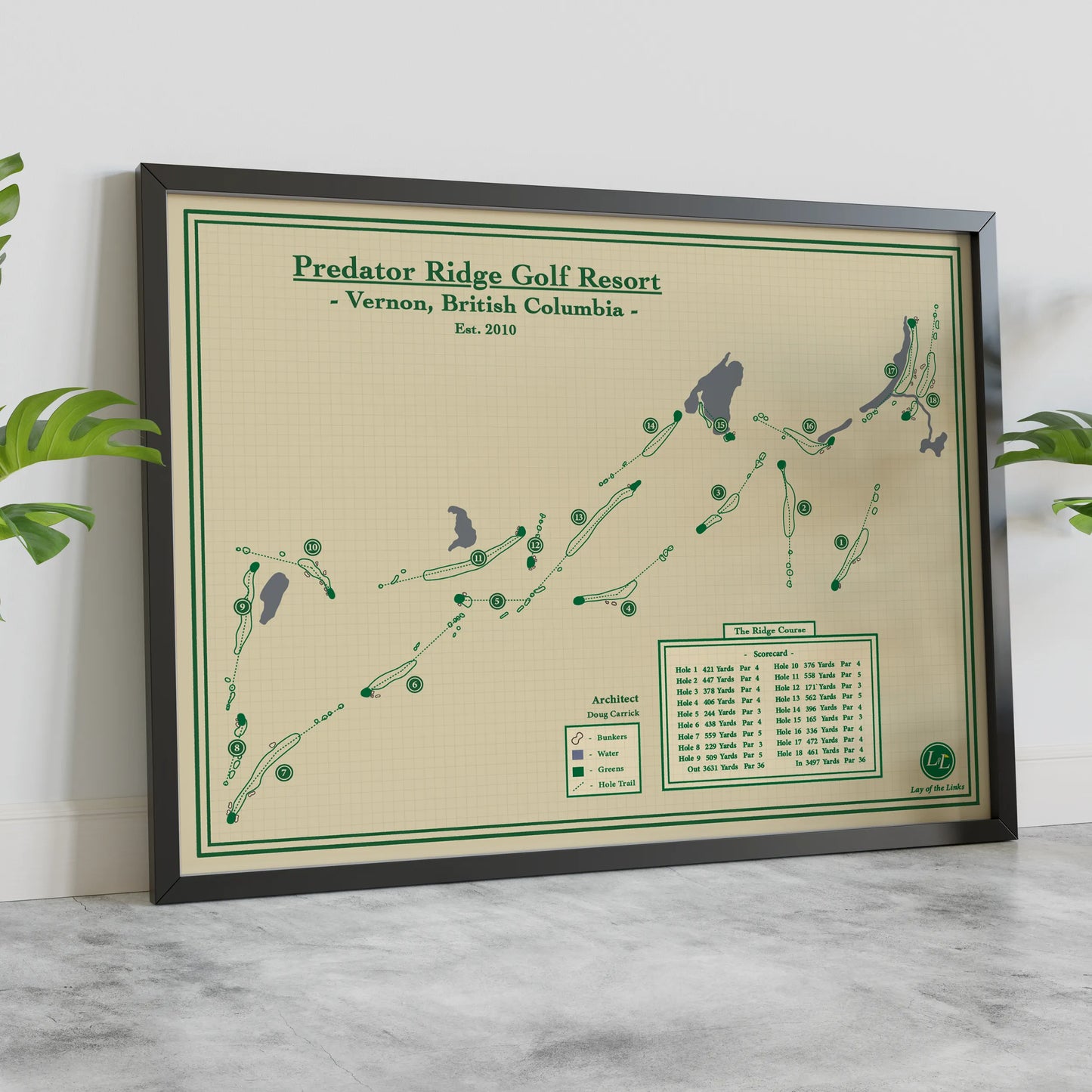 Framed course map art of Predator Ridge Golf Resort 