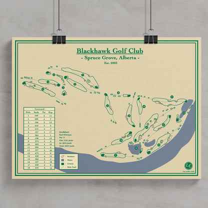 A framed golf course map print for Blackhawk Golf Club, Spruce Grove, Alberta, designed by Lay of the Links