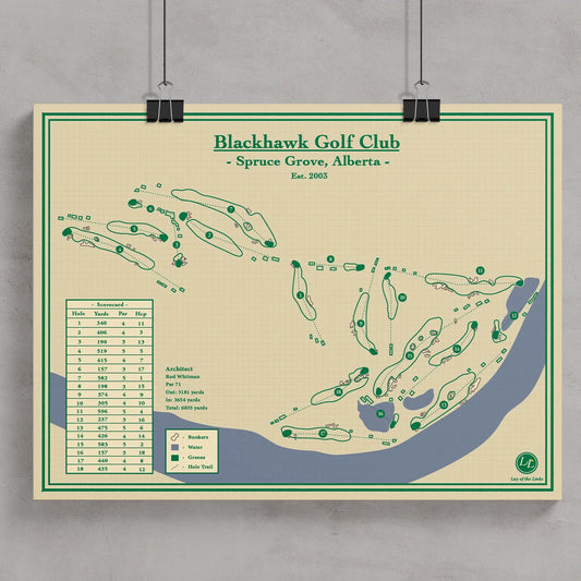 A framed golf course map print for Blackhawk Golf Club, Spruce Grove, Alberta, designed by Lay of the Links
