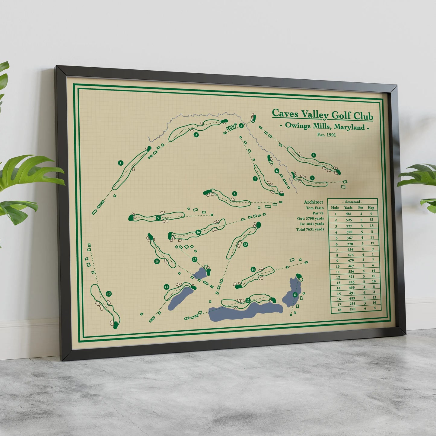 Golf course map of Caves Valley Golf Club, Owings Mills, Maryland, dated 1951. The map features green course paths and holes on a beige grid background with a green border, enclosed in a black frame.
