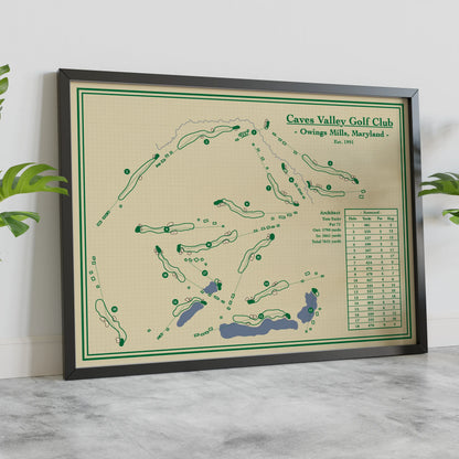 Golf course map of Caves Valley Golf Club, Owings Mills, Maryland, dated 1951. The map features green course paths and holes on a beige grid background with a green border, enclosed in a black frame.