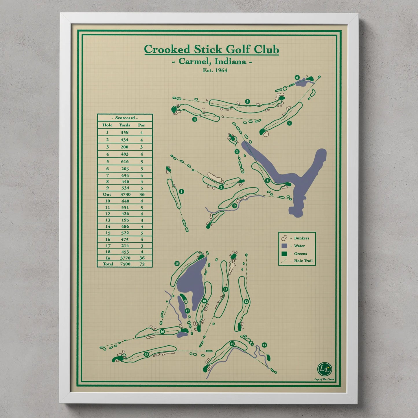 Golf course map print of Crooked Stick Golf Club, Carmel, Indiana