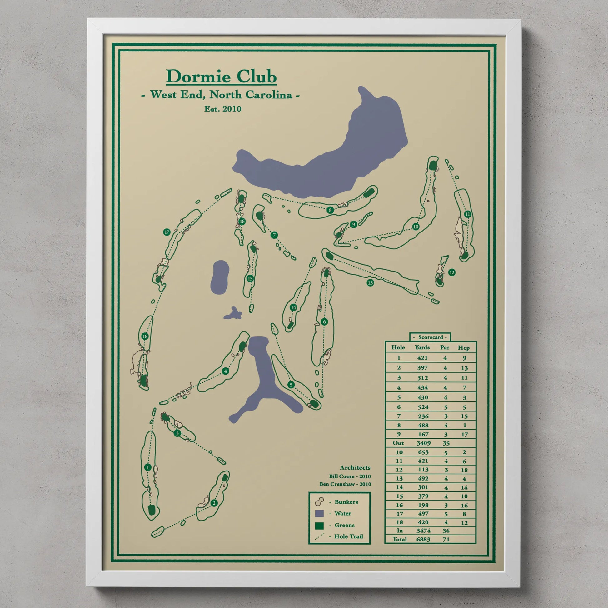 Dormie Club map print in a white frame, featuring the exclusive private golf course in West End, North Carolina.