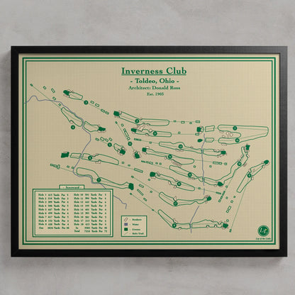 A framed golf course map print for Inverness Club, Toldeo, Ohio, featuring green course layouts and text on a cream background with a black frame, shown against a light gray wall.