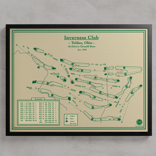 A framed golf course map print for Inverness Club, Toldeo, Ohio, featuring green course layouts and text on a cream background with a black frame, shown against a light gray wall.