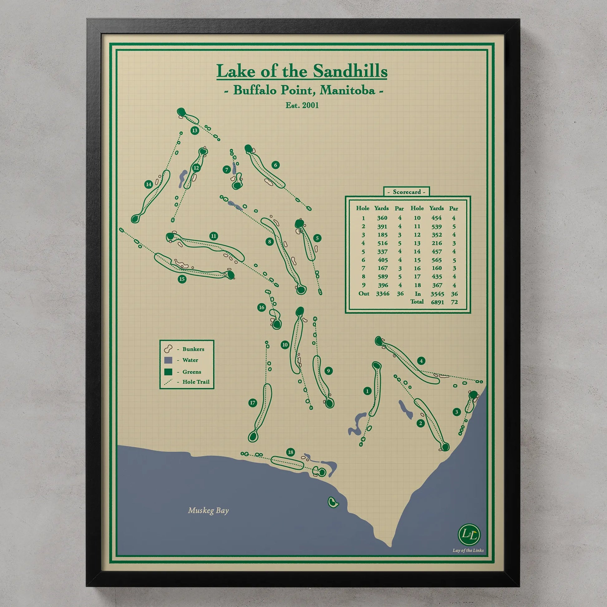 A framed custom golf map print of Lake of the Sandhills golf course in Buffalo Point, Manitoba, featuring green course layouts on a beige background with a black frame.