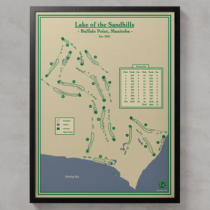 A framed custom golf map print of Lake of the Sandhills golf course in Buffalo Point, Manitoba, featuring green course layouts on a beige background with a black frame.