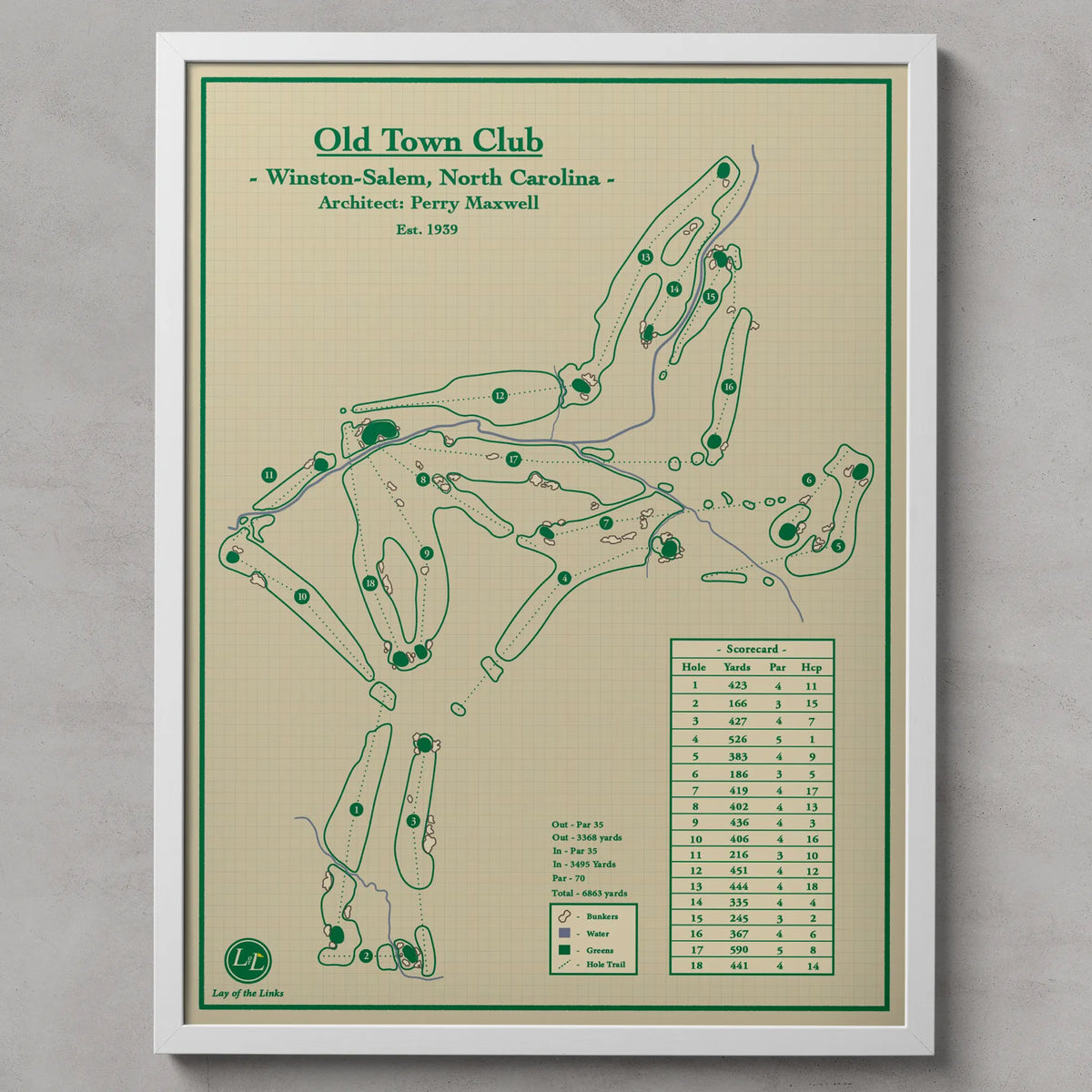 A framed golf course map print of  'Old Town Club - Winston-Salem, North Carolina - Architect Berry Maxwell - Est. 1939