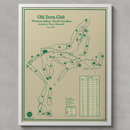A framed golf course map print of  'Old Town Club - Winston-Salem, North Carolina - Architect Berry Maxwell - Est. 1939