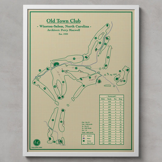 A framed golf course map print of  'Old Town Club - Winston-Salem, North Carolina - Architect Berry Maxwell - Est. 1939