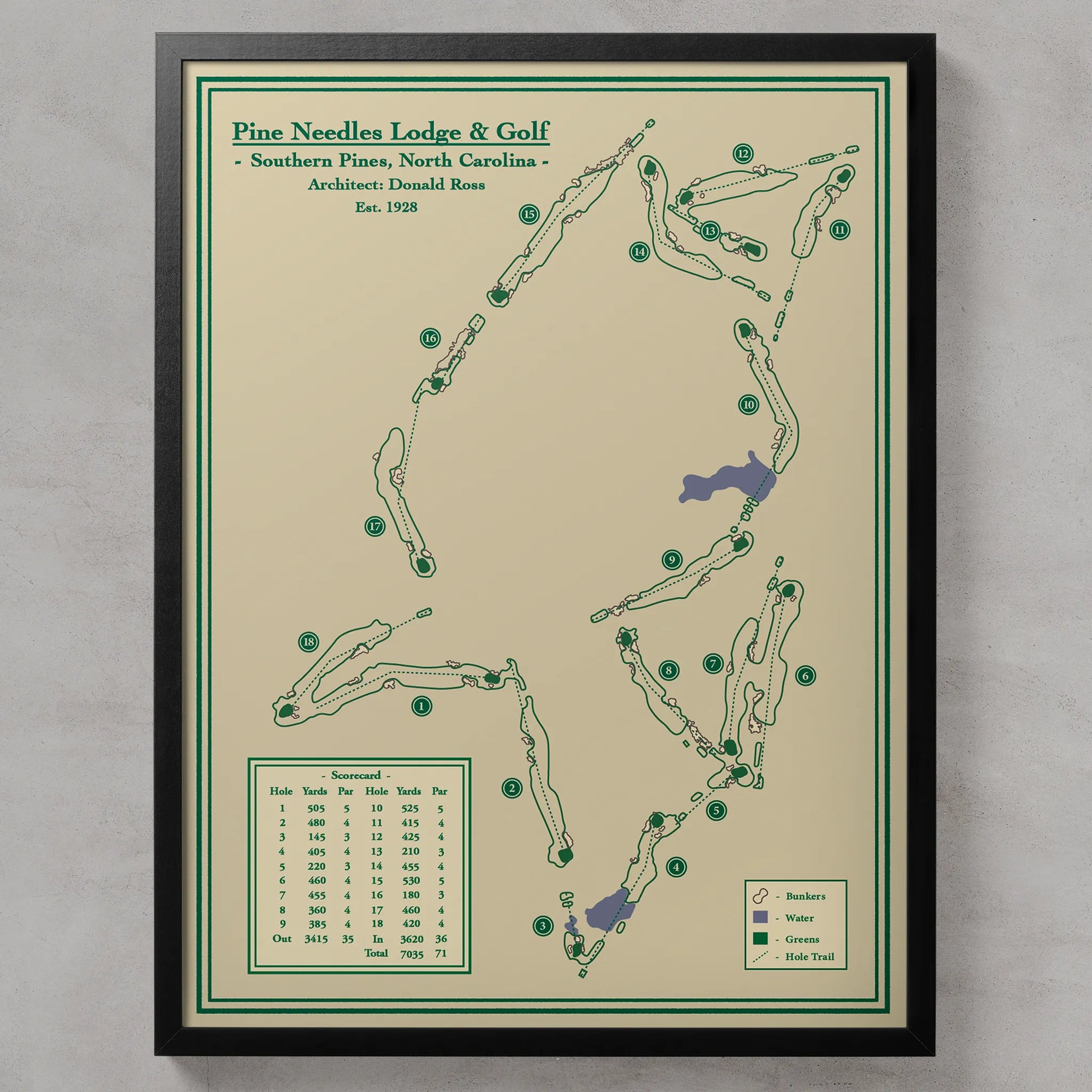 Framed course map of Pine Needles Lodge & Golf course on a beige background