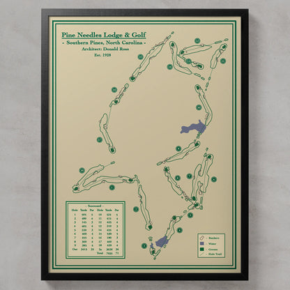 Framed course map of Pine Needles Lodge & Golf course on a beige background