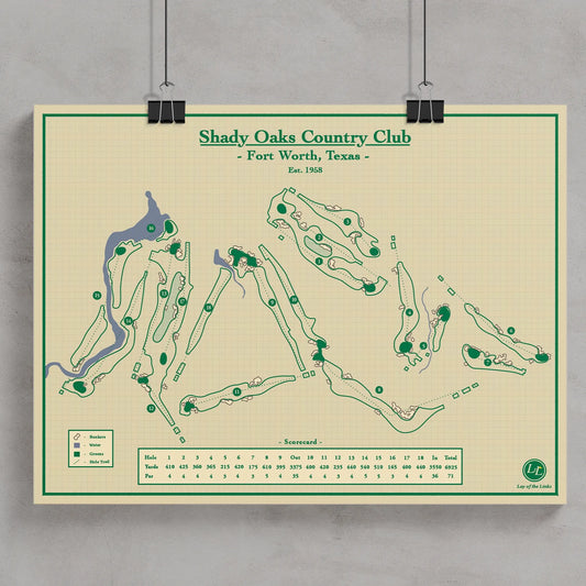 A golf course map poster for Shady Oaks Country Club in Fort Worth, Texas
