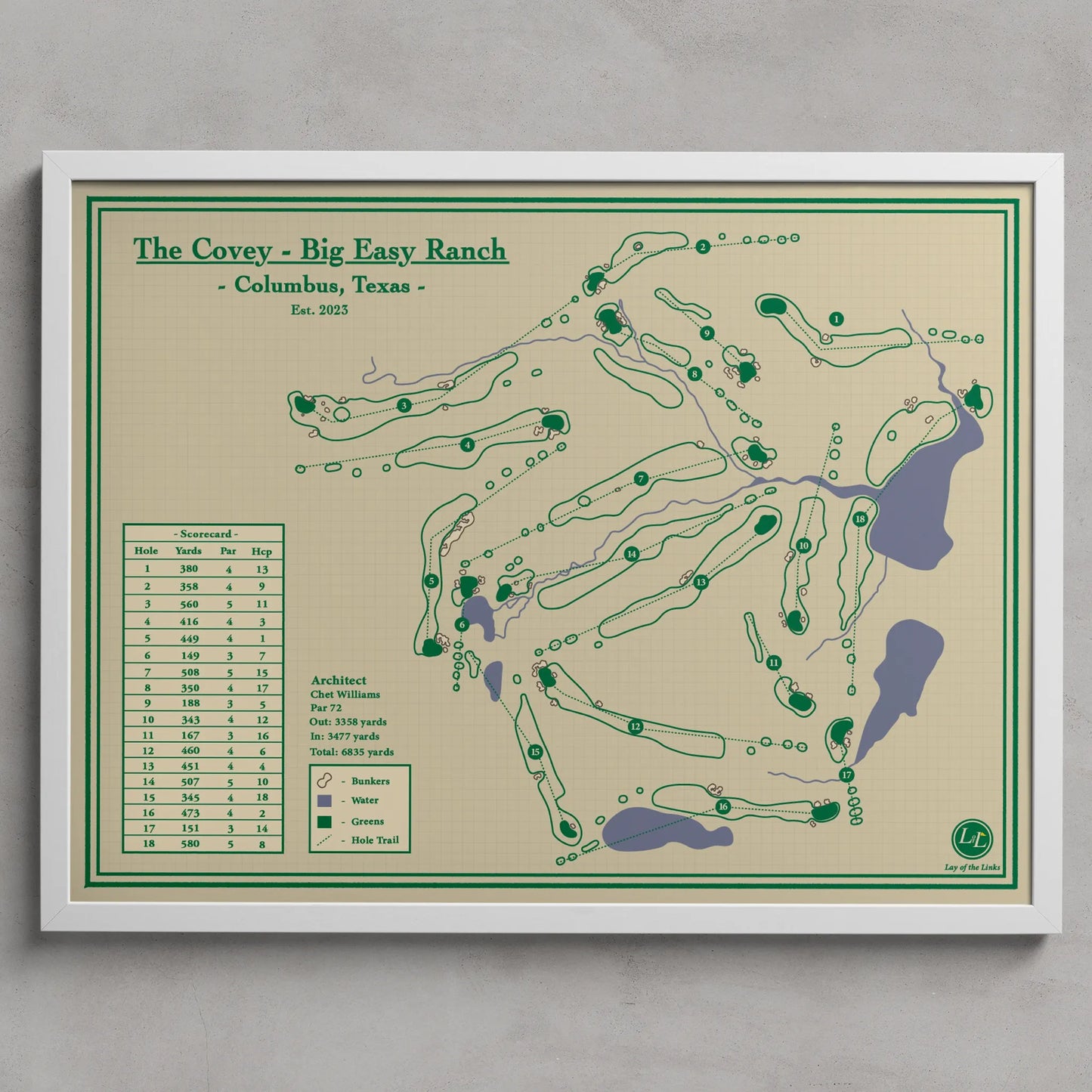 Golf course map of 'The Covey - Big Easy Ranch' in Columbus, Texas, with green and brown color scheme.