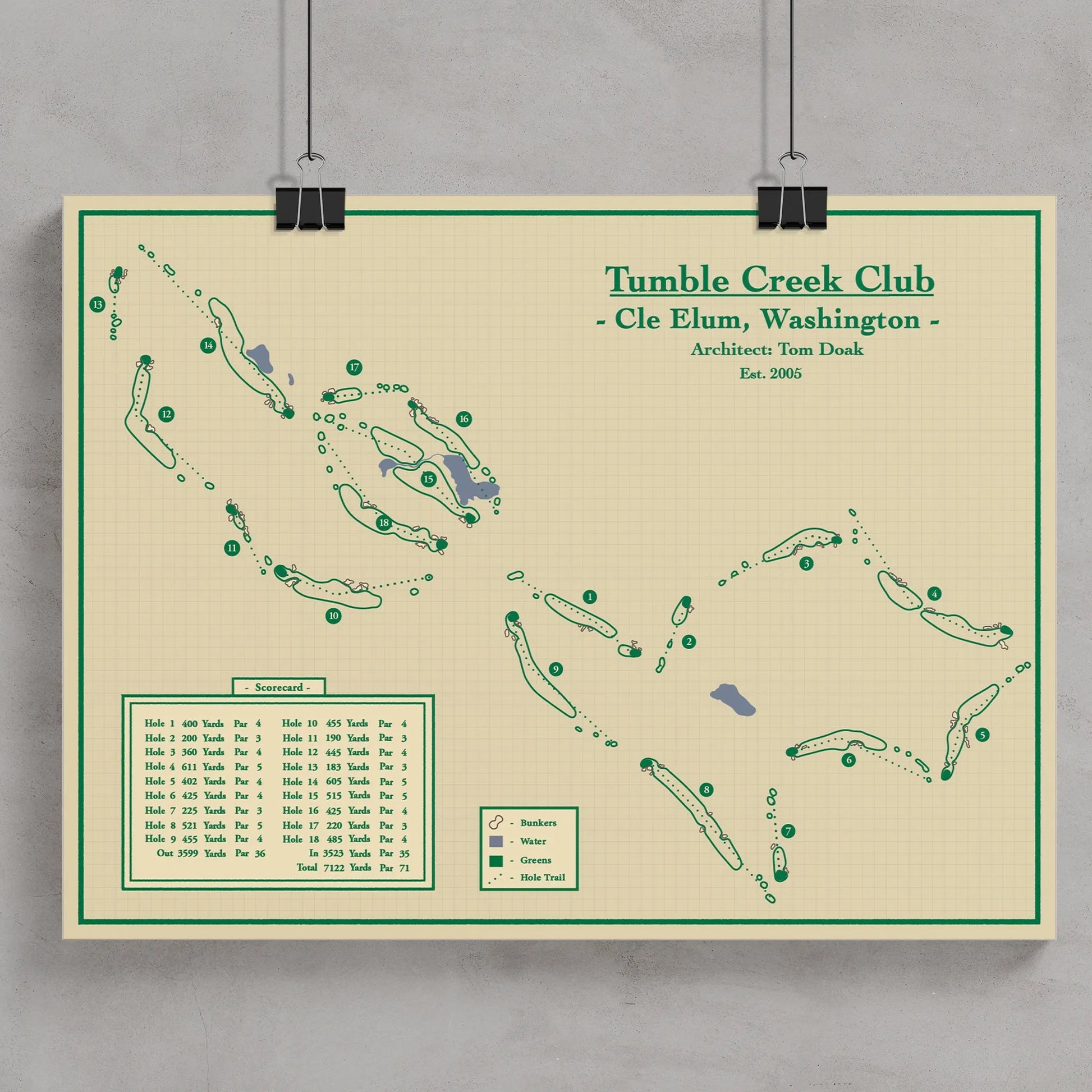 A framed golf course map print for Tumble Creek Club in Cle Elum, Washington