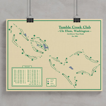 A framed golf course map print for Tumble Creek Club in Cle Elum, Washington