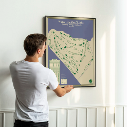 framed course map print of Waterville Golf Links on a white wall
