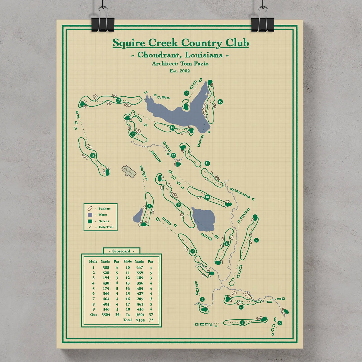A framed golf course map poster for Squire Creek Country Club located in Louisiana