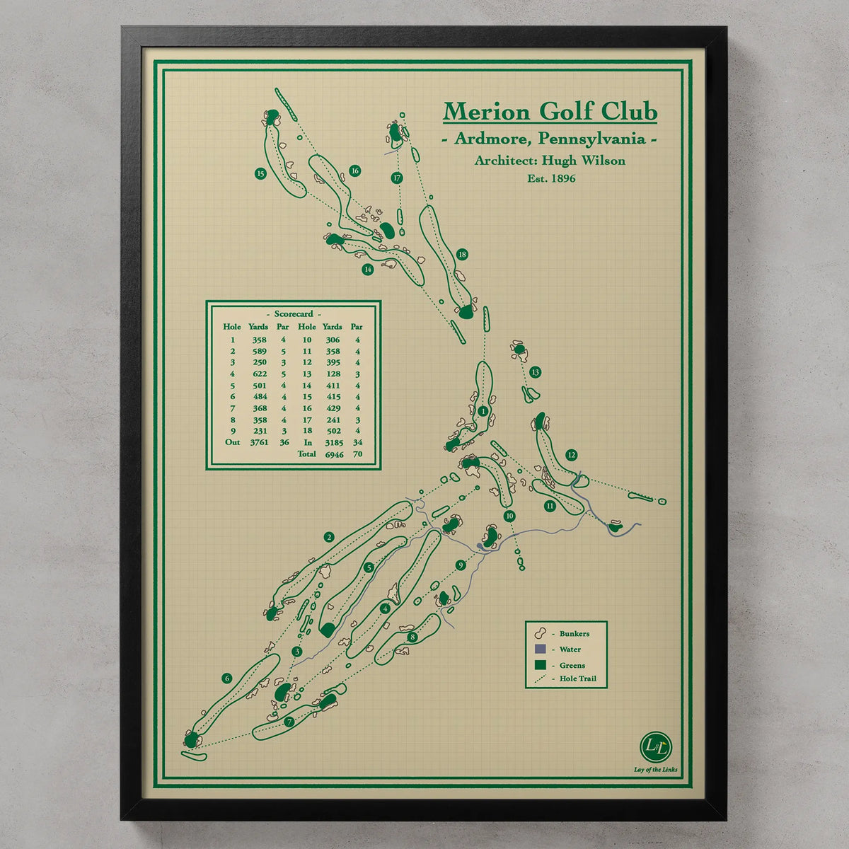 A framed golf course map print for Merion Golf Club, Ardmore, Pennsylvania