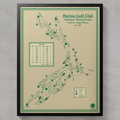 A framed golf course map print for Merion Golf Club, Ardmore, Pennsylvania