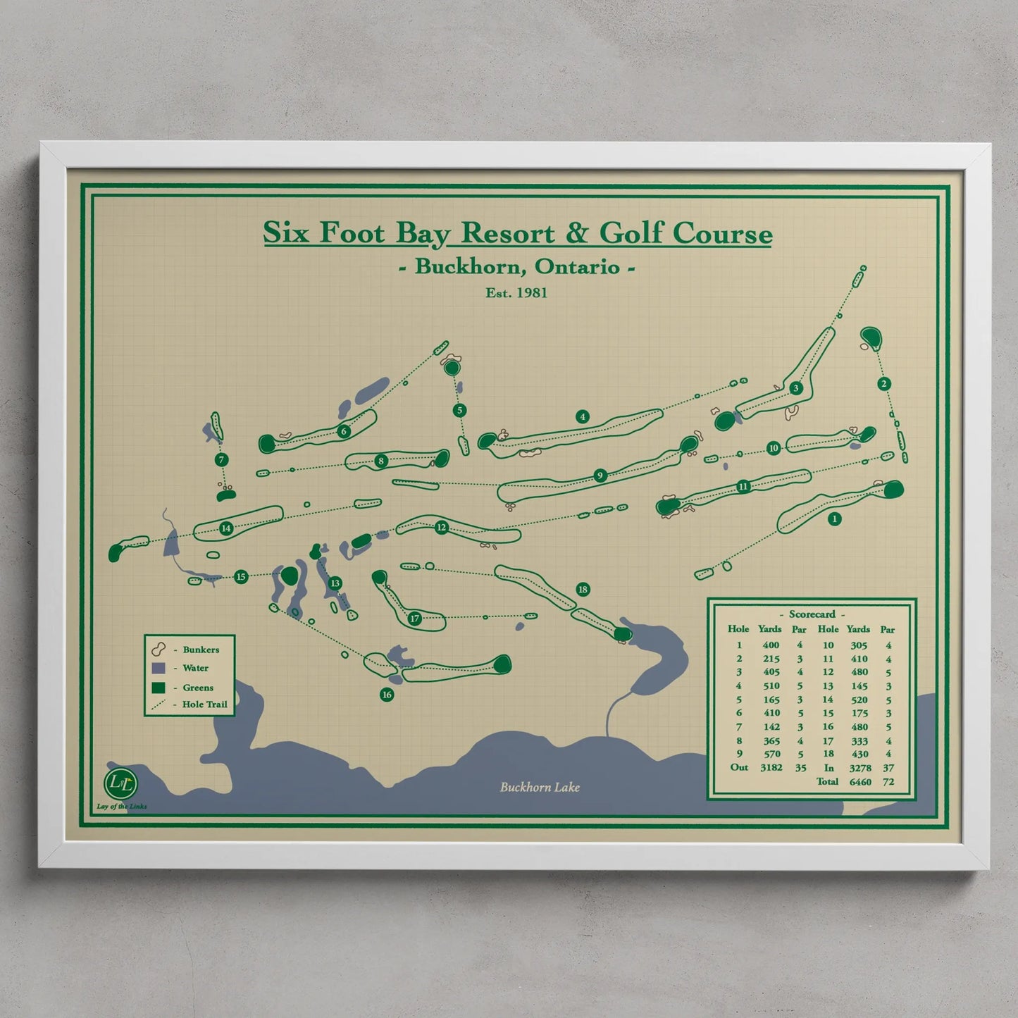 A framed golf course map print for Six Foot Bay Resort & Golf Course in Buckhorn, Ontario