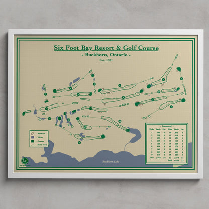 A framed golf course map print for Six Foot Bay Resort & Golf Course in Buckhorn, Ontario