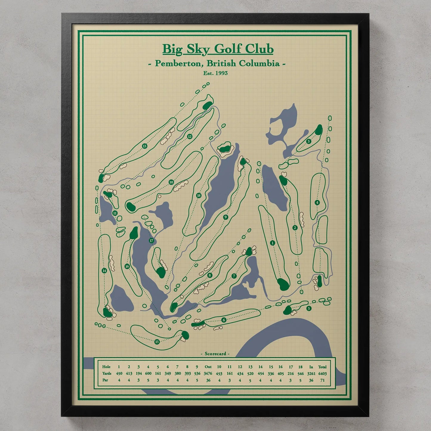 A framed vintage-style golf course map print for Big Sky Golf Club, shown hanging on a light gray wall. The map features green course paths and holes on a cream background with green and blue-gray fill, inside a black frame.