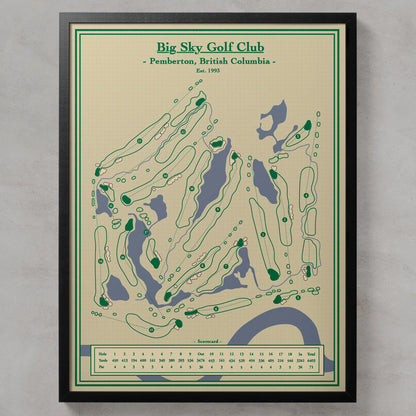 A framed vintage-style golf course map print for Big Sky Golf Club, shown hanging on a light gray wall. The map features green course paths and holes on a cream background with green and blue-gray fill, inside a black frame.