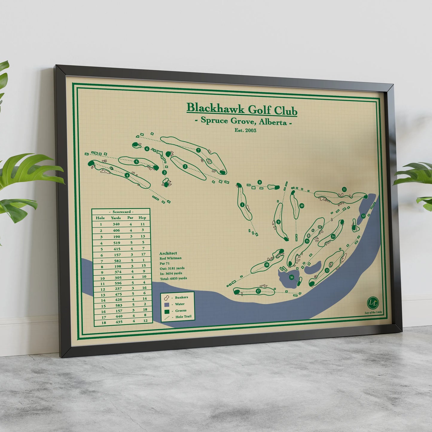 A framed golf map of Blackhawk Golf Club, Spruce Grove, Alberta.