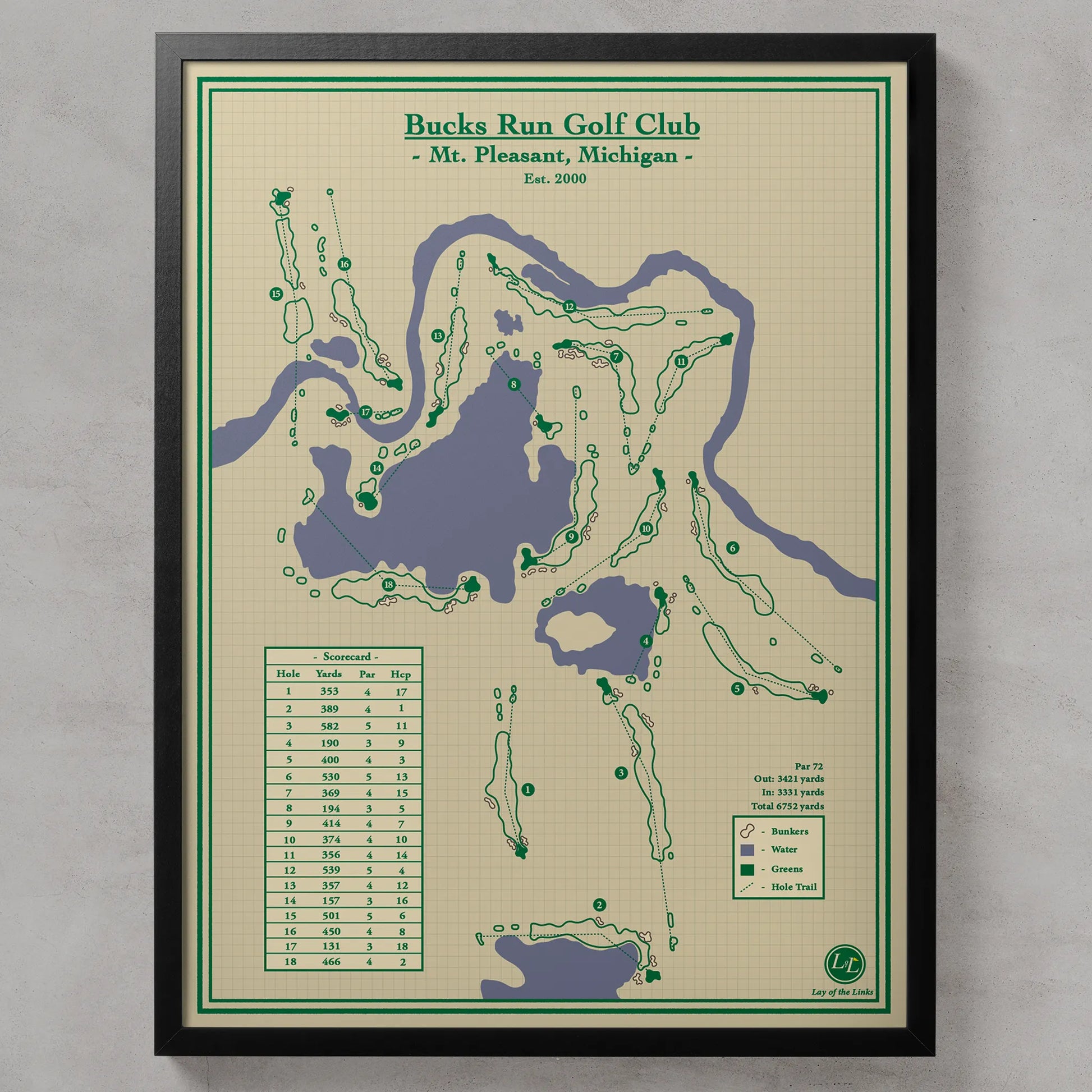 Framed course map of Bucks Run Golf Club in Mt. Pleasant, Michigan