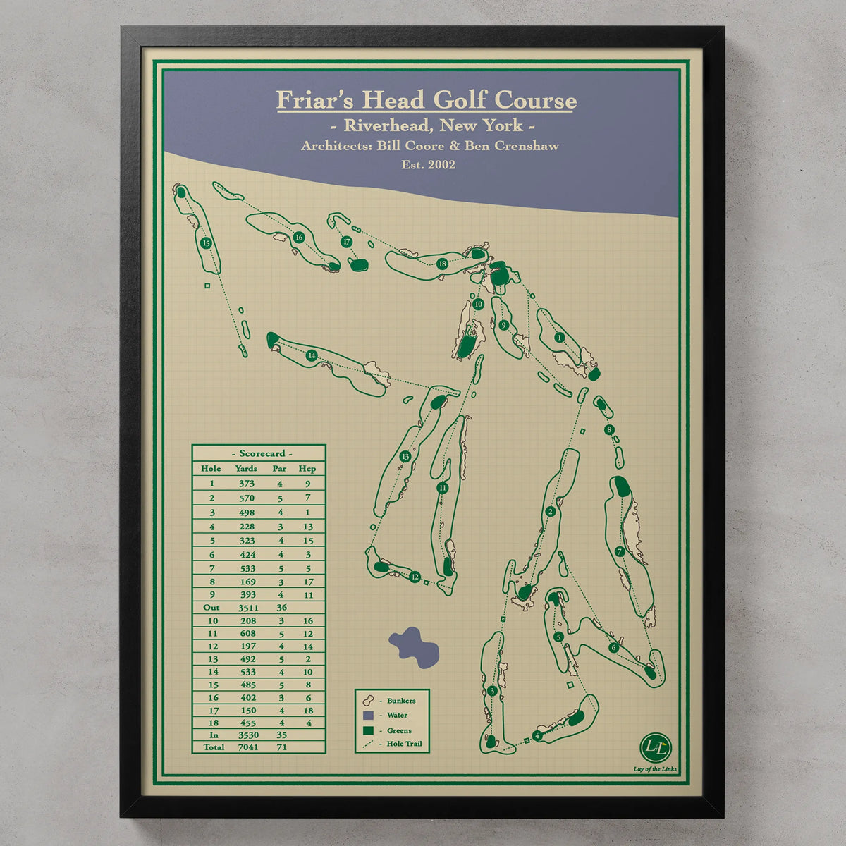 A framed golf course map print for Friar's Head Golf Course in Riverhead, New York